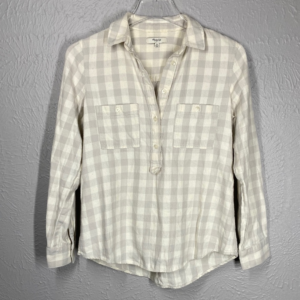 Madewell Grey & White Checkered 1/2 Button Up Long Sleeve Pullover Size …